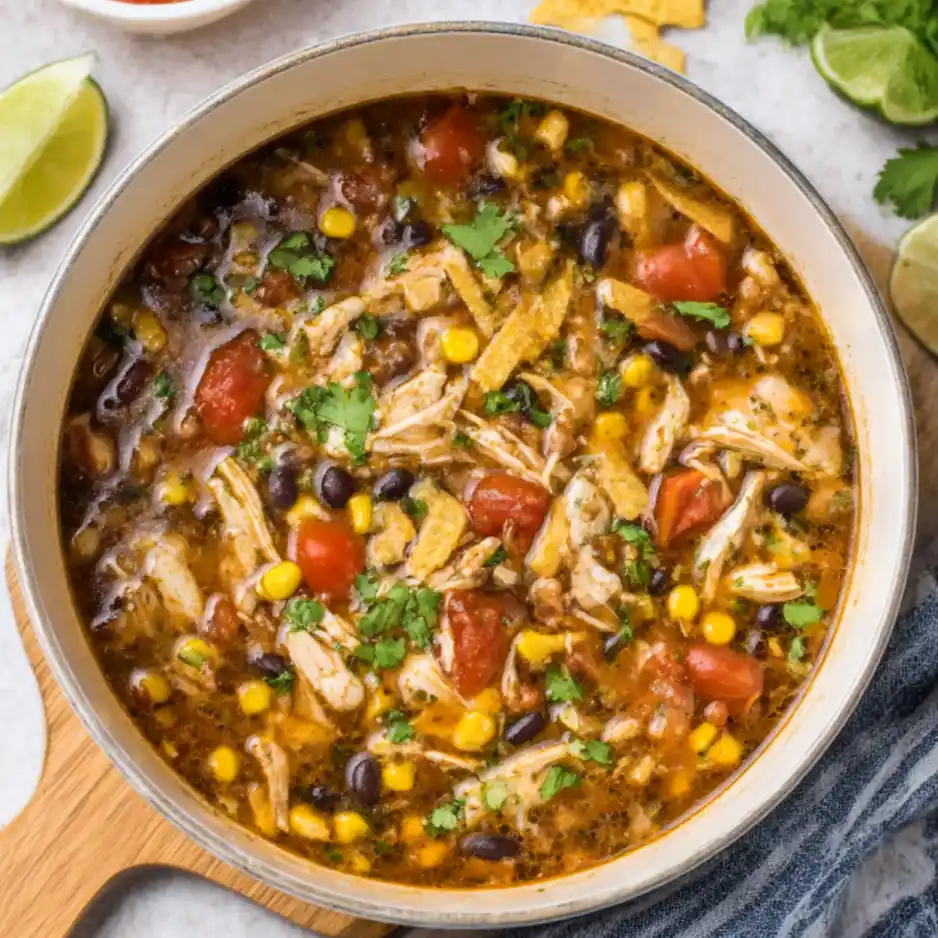 Stovetop chicken tortilla soup with corn, black beans and jalapeño.